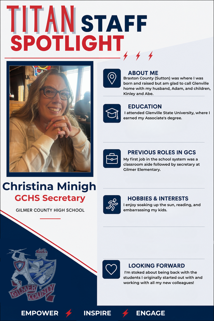 Christina Minigh Spoplight:  I am excited to be the new secretary at GCHS!  Braxton County (Sutton) was where I was born and raised but am glad to call Glenville home with my husband, Adam, and children, Kinley and Abe.  I earned my Associate's degree at Glenville State.  My first job in the school system was a classroom aide followed by secretary at Gilmer Elementary.  I enjoy soaking up the sun, reading, and embarrassing my kids.  I'm stoked about being back with the students I originally started out with and working with all my new colleagues!