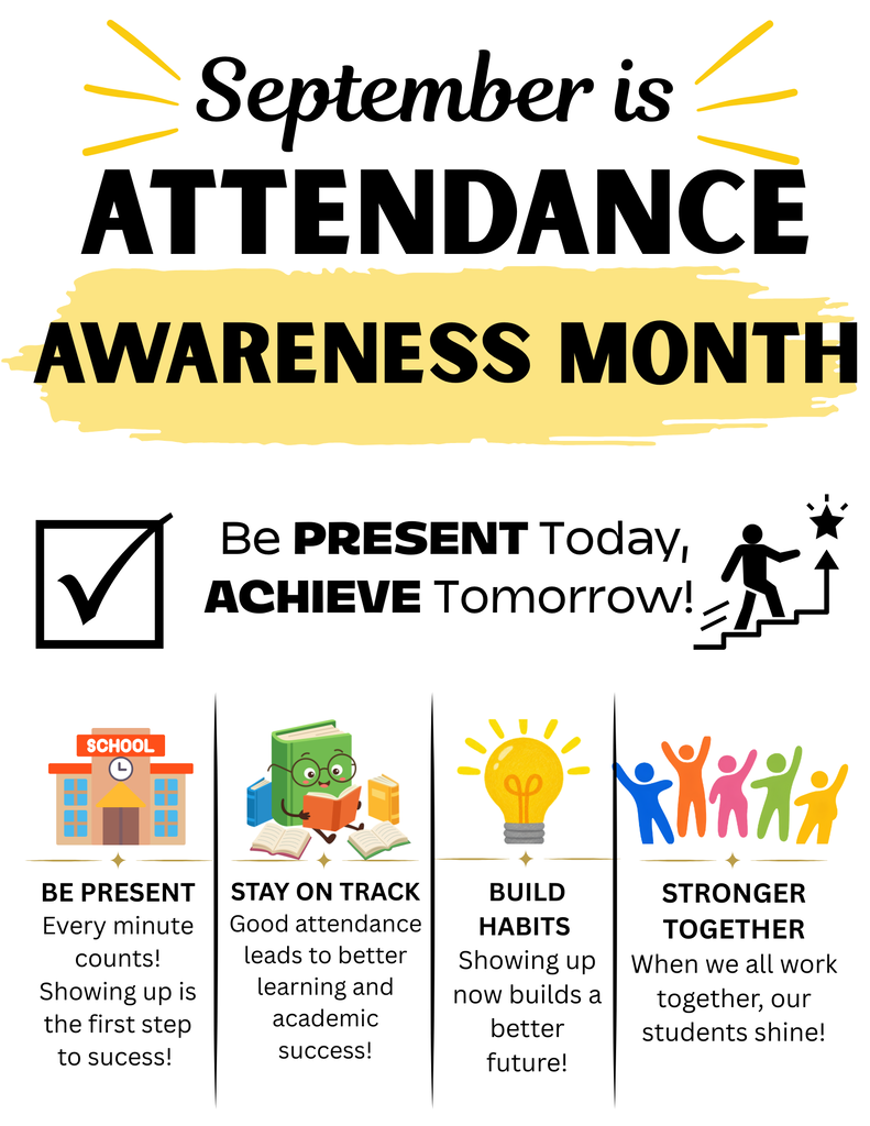 Graphic promoting September as Attendance Awareness Month. The message encourages students to be present and attend school consistently, with the tagline “Be PRESENT Today, ACHIEVE Tomorrow!” Four key reminders are featured: “Be Present” because every minute counts; “Stay on Track” because good attendance supports learning and academic success; “Build Habits” because showing up builds a better future; and “Stronger Together” because working together helps students succeed. The graphic includes school, books, lightbulb, and student illustrations.