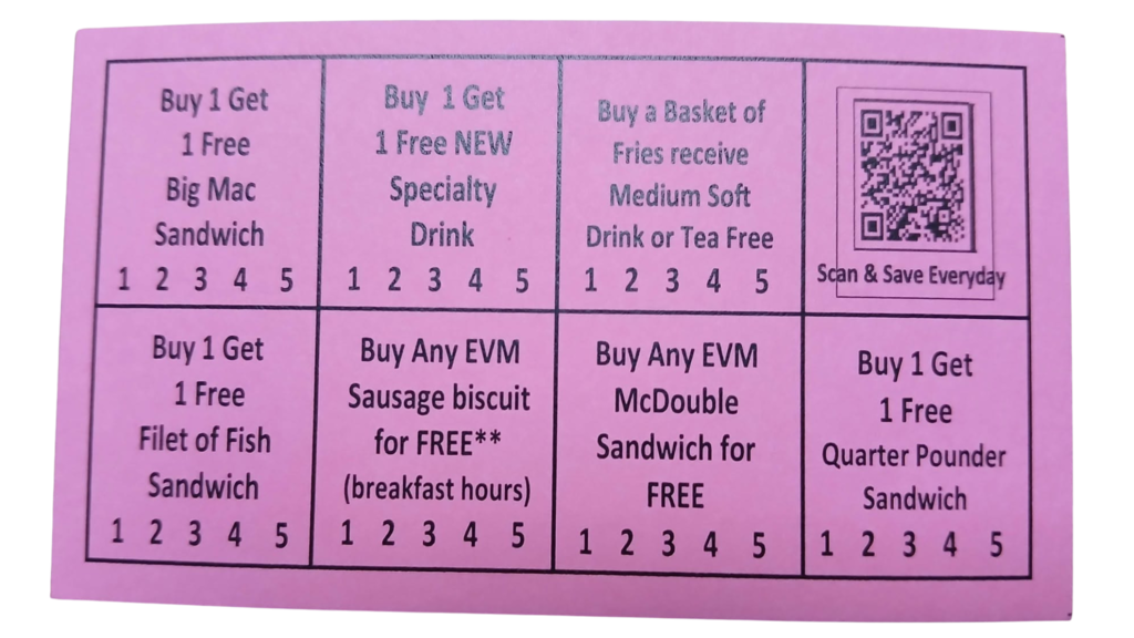 Image of a McDonald’s McSavings Card featuring multiple coupons for free or discounted menu items. The card includes offers for Big Mac, specialty drinks, fries, Filet-O-Fish, sausage biscuits, McDouble, and Quarter Pounder sandwiches. The card states that it expires Dec. 31, 2027, and is valid at participating McDonald’s locations in several West Virginia counties. Proceeds benefit GCHS Athletics.