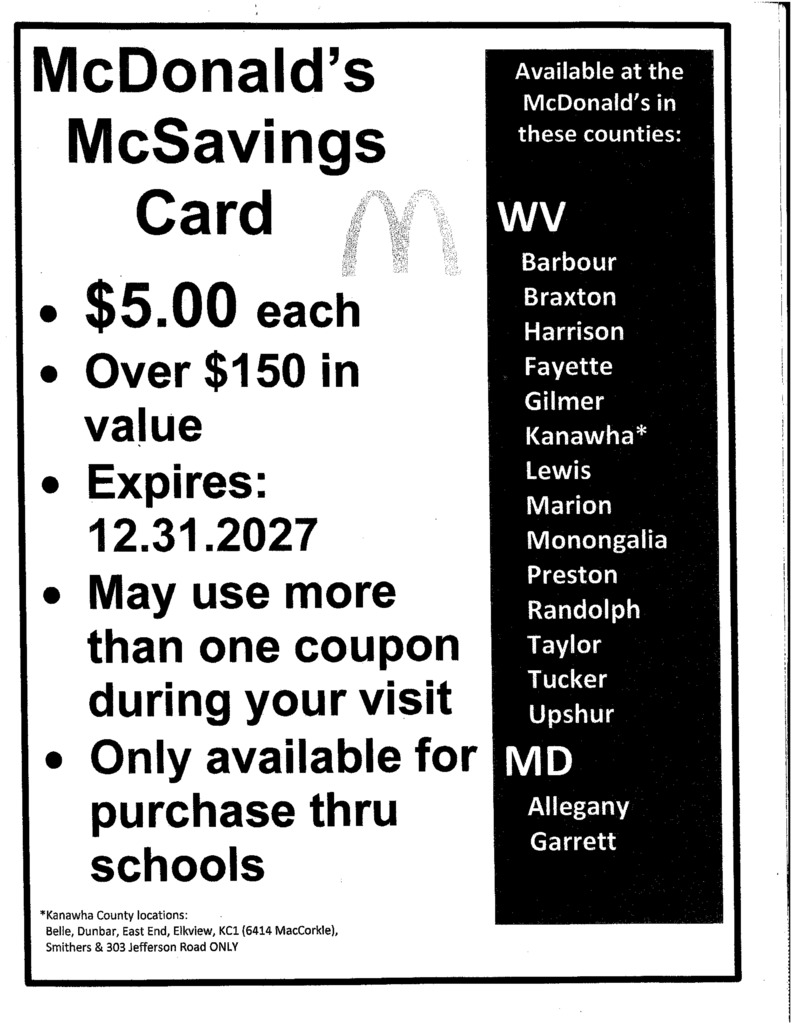 Image of a McDonald’s McSavings Card featuring multiple coupons for free or discounted menu items. The card includes offers for Big Mac, specialty drinks, fries, Filet-O-Fish, sausage biscuits, McDouble, and Quarter Pounder sandwiches. The card states that it expires Dec. 31, 2027, and is valid at participating McDonald’s locations in several West Virginia counties. Proceeds benefit GCHS Athletics.