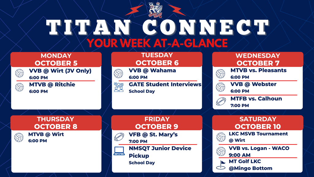 WAG Monday, October 5 VVB @ Wirt JV only 6:00 MTVB @ Ritchie 6:00 Tuesday, October 6 VVB @ Wahama 6:00 GATE Student Interviews Wednesday, October 7 MTVB - Pleasants Home 6:00 VVB @ Webster 6:00 MTFB- Calhoun 7:00 Thursday, October 8 MTVB @ Wirt 6:00 Friday, October 9 VFB @ St. Marys NMSQT 11th Grade Device Pickup Saturday, Saturday 10 LKC Middle School Volleyball Tournament@ Wirt VVB - HS Logan @ WACO 9:00 MTGOLF LKC @ Mongo Bottom