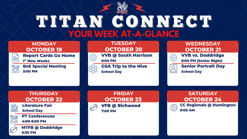 Graphic titled “Titan Connect: Your Week at a Glance” featuring school events for October 19-24. Monday: Report Cards Go Home and BOE Special Meeting. Tuesday: GSA Trip to the Hive and volleyball at South Harrison at 6:00 PM. Wednesday: Lifetouch Senior Pictures and volleyball versus Doddridge at 6:00 PM with Senior Night recognition. Thursday: Literature Fair, Parent-Teacher Conferences from 4:00 PM to 6:00 PM, and middle school football at Doddridge at 6:30 PM. Friday: varsity football at Richwood at 7:00 PM. Saturday: Cross Country Regionals at Huntington at 9:00 AM. The graphic uses Gilmer County High School colors of blue, red, and white.