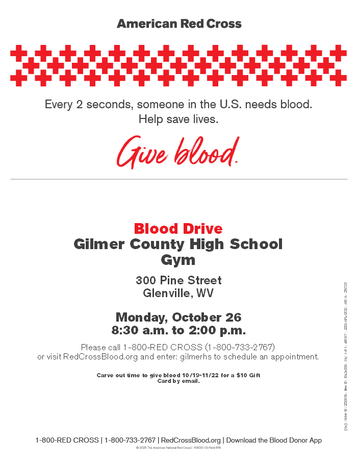 GCHS Blood driive - 300 Pine Street Glenville, wV Monday Oct 26 8:30 AM to 2:00 PM 