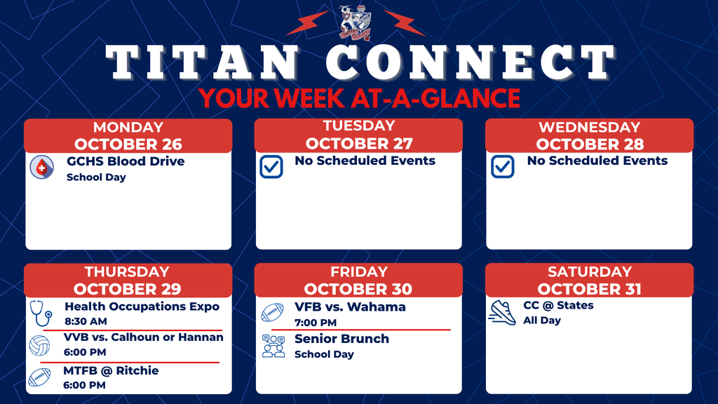 Alt text: Titan Connect “Your Week at-a-Glance” schedule for October 26–31. Monday, October 26: GCHS Blood Drive. Tuesday, October 27: No scheduled events. Wednesday, October 28: No scheduled events. Thursday, October 29: Health Occupations Expo at 8:30 AM, varsity volleyball at home at 6:00 PM against the winner of Calhoun or Hannan, and middle school football at Ritchie at 6:00 PM. Friday, October 30: Varsity football at home against Wahama at 7:00 PM and Senior Brunch during the school day. Saturday, October 31: Cross country regionals at States, all day.