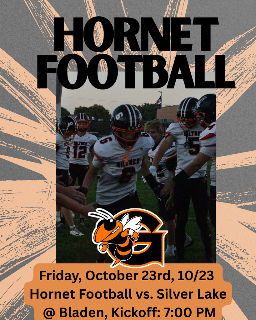 Black and orange graphic with text "Hornet Football" over photo of football players in helmets and jerseys, one holding a bee mascot.