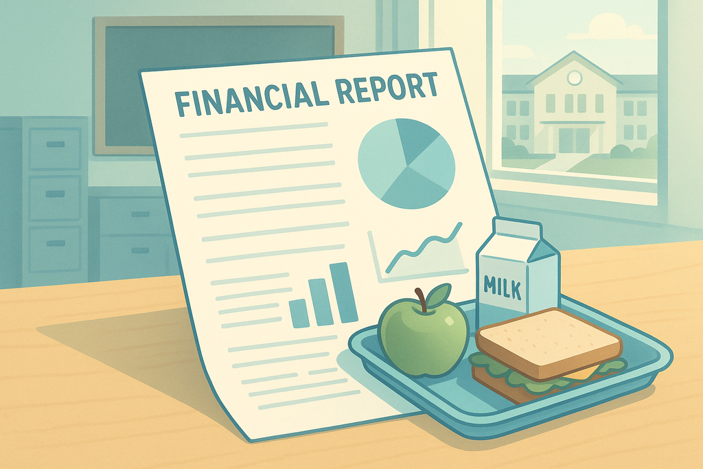 Picture of financial report and lunch tray