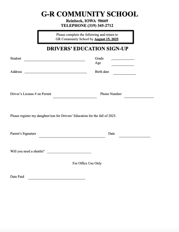 Page 2 Driver's Ed Sign Up