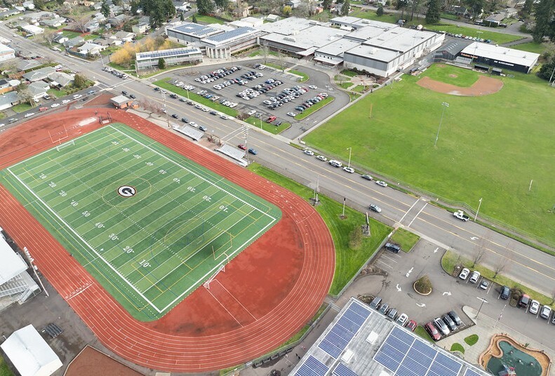 aerial view of Gladstone Center for Children & Families in foreground, GHS in background