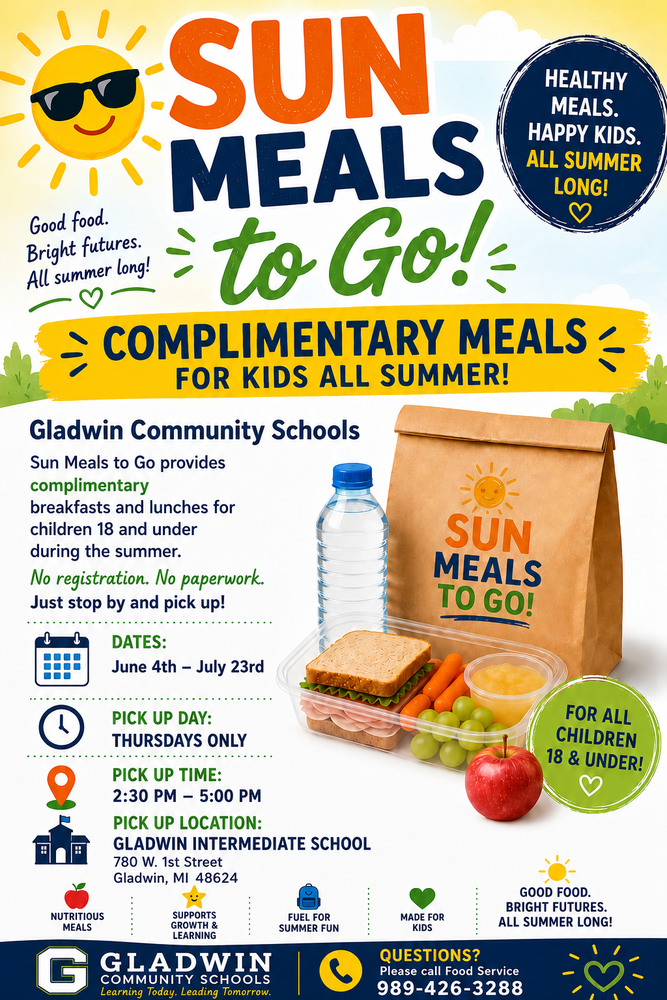 We are pleased to announce the launch of our new summer meal program for children in the Gladwin community. Here are some additional details: Program Details: * The program will run from June 4th until July 23rd during the summer. * Weekly meals will be available for pick-up every Thursday between 2:30PM -5:00PM. * Breakfast and lunch will be provided for each day of week. * The program is open to children under 18 and adults under 26 with a disability. * A flyer with important information is attached. * The first pick-up is on June 4th at the Intermediate School.