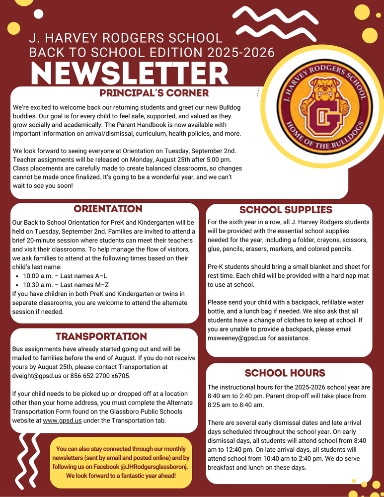 JHR Back to School Newsletter 2025-2026