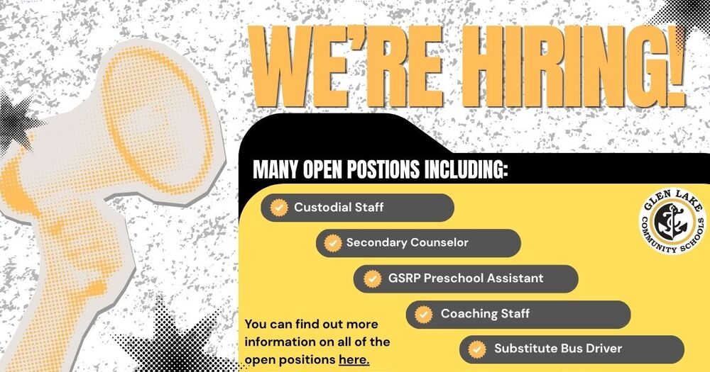 We're hiring! Many open positions including: Custodial staff, secondary counselor, GSRP Preschool Assistant, coaching staff, substitute bus driver. You can find out more information on all of the open positions here. 