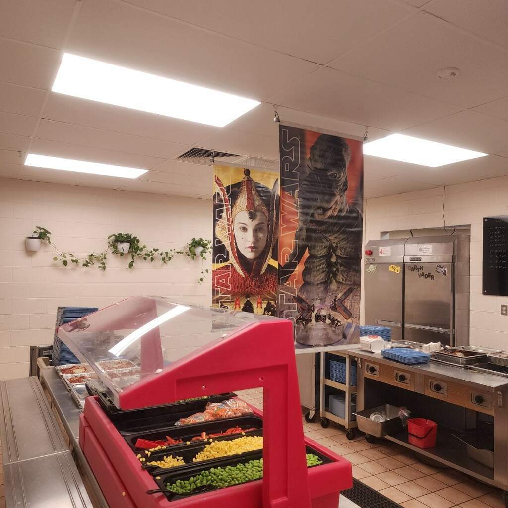 Star Wars banners decorate the lunch line