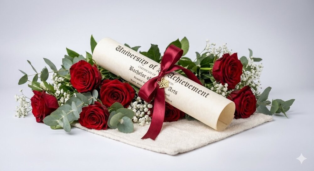 graduation roses and diploma