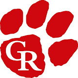 Red, four claw tiger paw, facing upper right with white 'G' and 'R' on the pad of the paw, approximaltey 1 inch by 1 inch