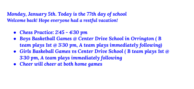 Announcements: January 5, 2026