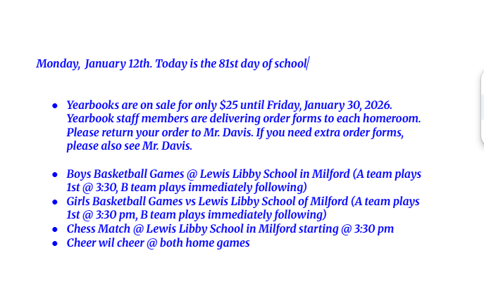 Announcements: January 12, 2026