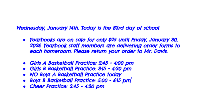 Announcements: January 14, 2026