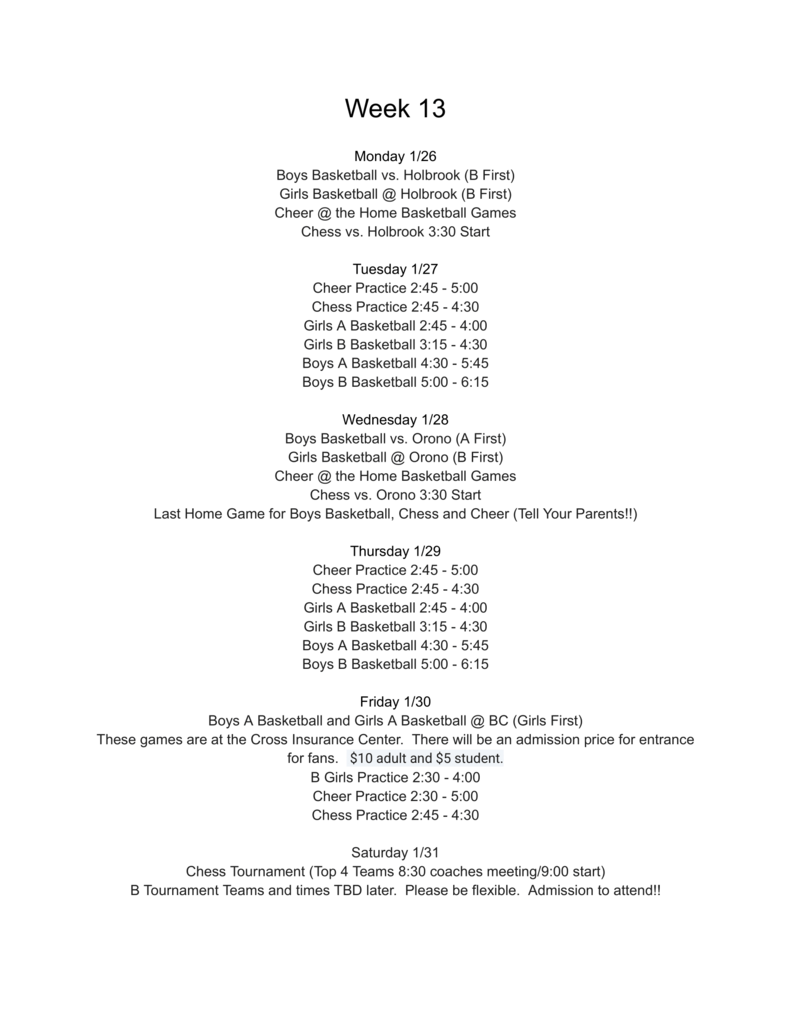 Week 13 Sports Schdeule