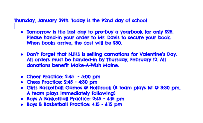 Announcements: January 29, 2026