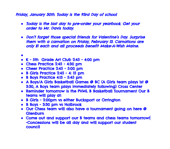 Announcements: January 30, 2026