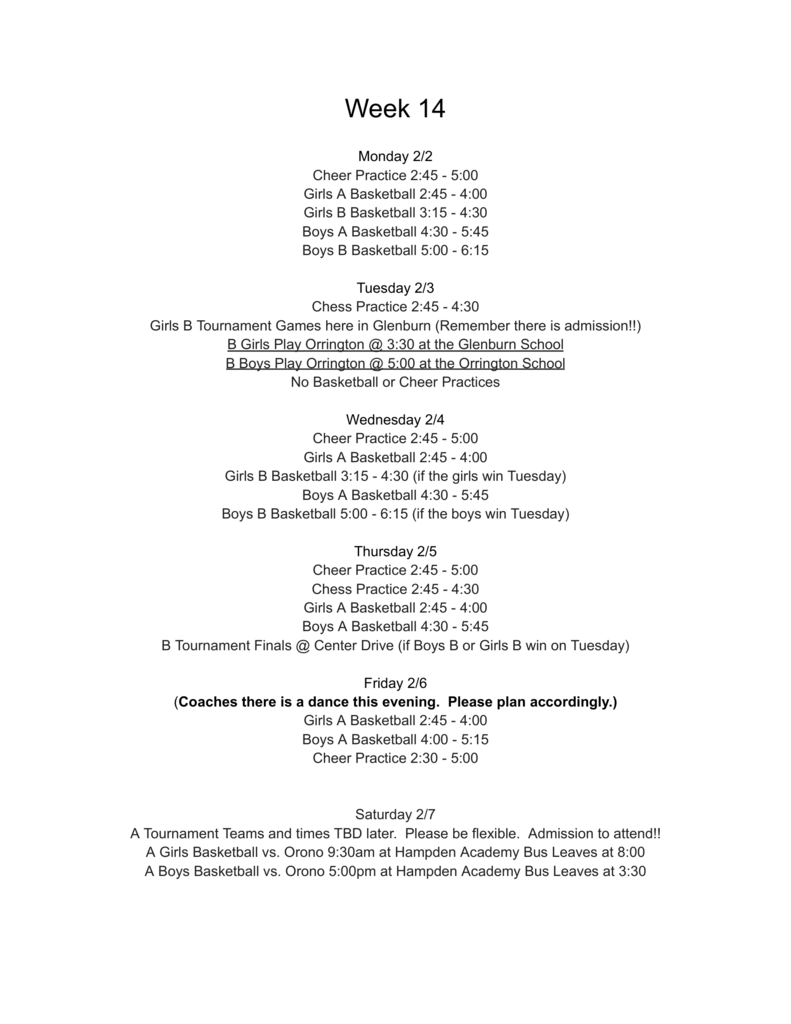 Winter Sport Schedule - Week 14 