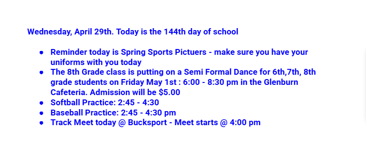 Announcements: April  29, 2026