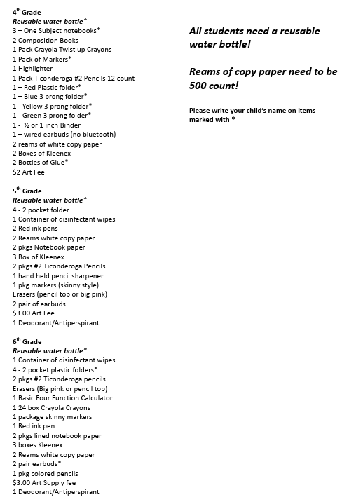Elementary supply list