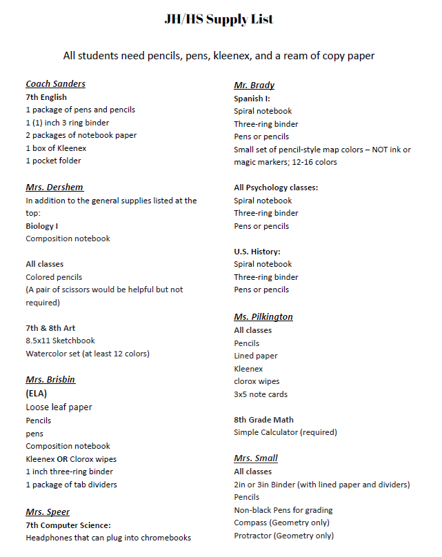 JH/HS supply list