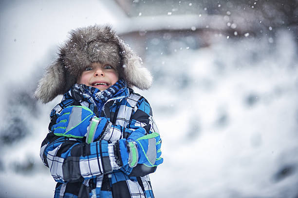 Child in hat and coat in cold weather.
