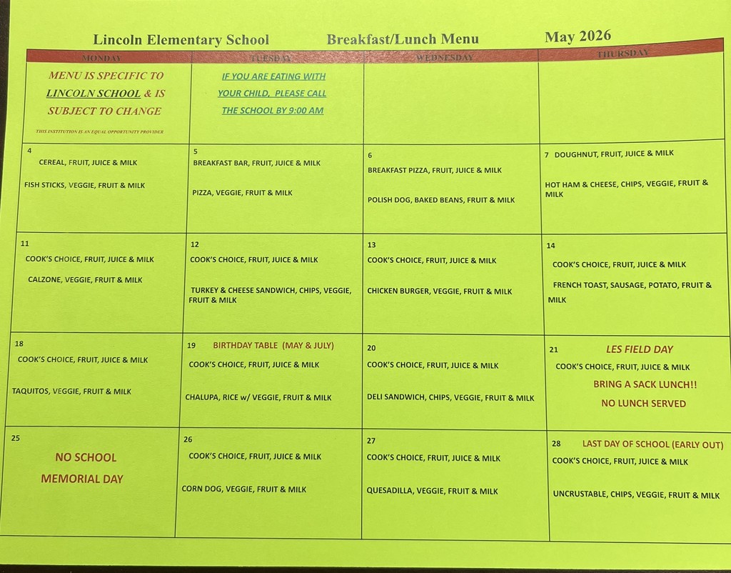 Lincoln School May Menu 