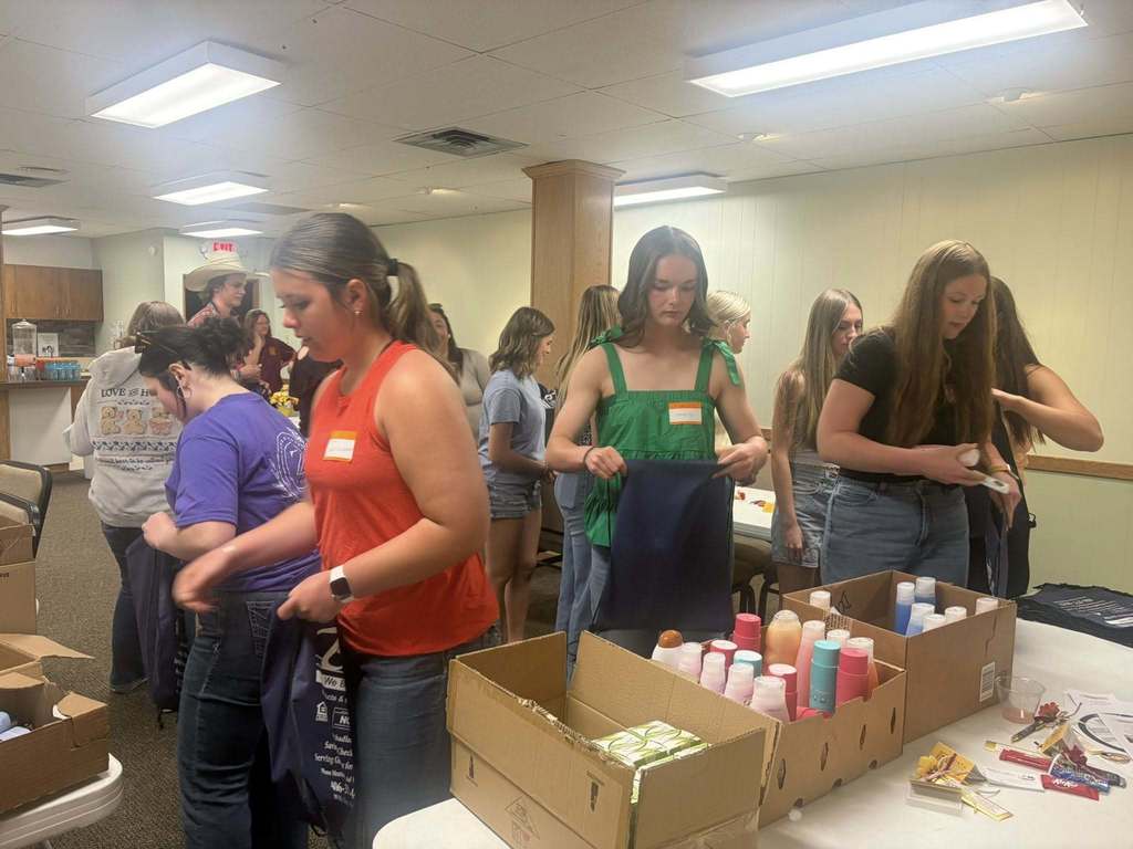 Members filling care bags for domestic violence survivors.