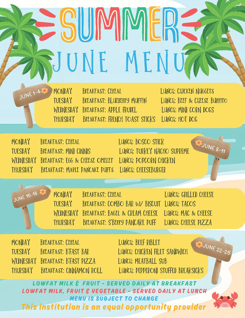 Menu for free meals during the month of June at Glenpool Schools