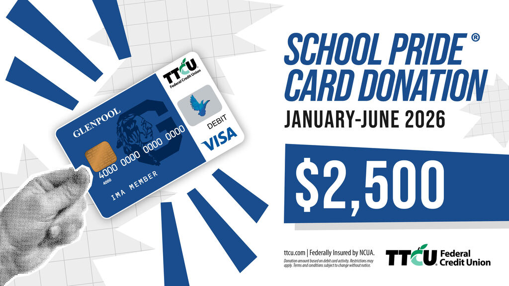 A hand holds a blue credit card with text. The card reads "Glenpool" and "VISA". Text reads "SCHOOL PRIDE CARD DONATION JANUARY-JUNE 2026 $2,500".