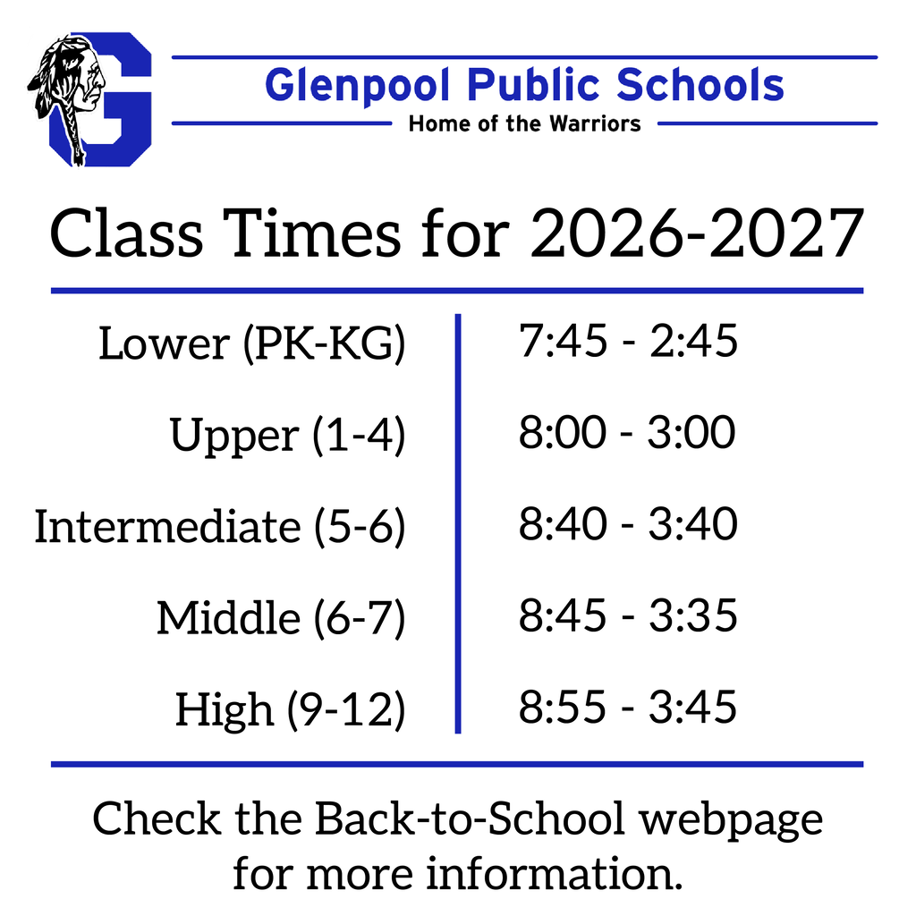 Table with school class times for 2026-2027, featuring Lower, Upper, Intermediate, Middle, and High school.