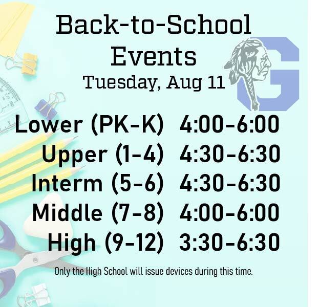 An event poster for Back-to-School Events on Tuesday, Aug 11. Times are listed for Lower, Upper, Intermed, Middle, and High.