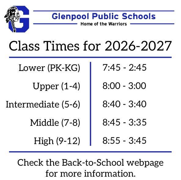 Schedule showing class times for Glenpol Public Schools for the 2026-2027 academic year.