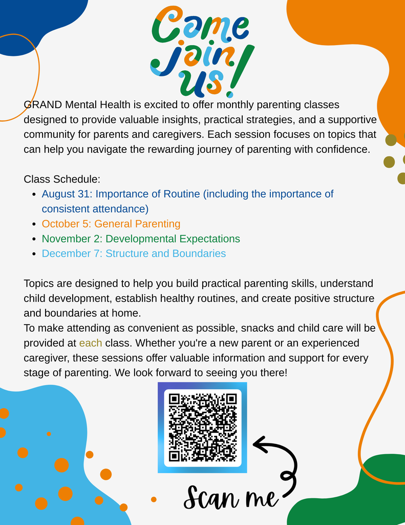 Multicolored background with a QR code. Text reads: "GRAND Mental Health offers monthly parenting classes."