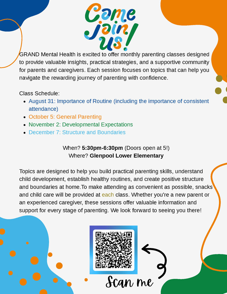 Text reads: "Come join us!" Information includes class schedule, topics, and times. QR code at bottom reads "Scan me".