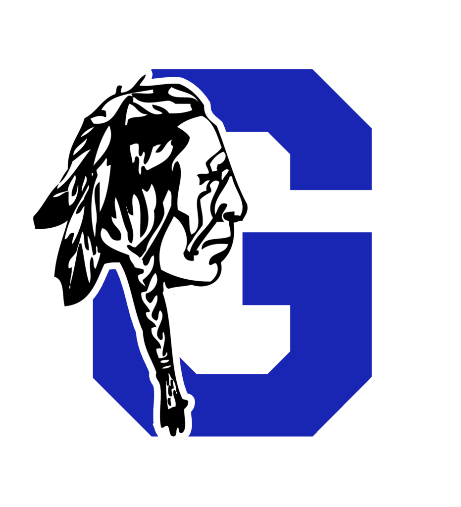 Logo with a blue letter 'G', an Indian head profile in black, and feathers over a dark background.
