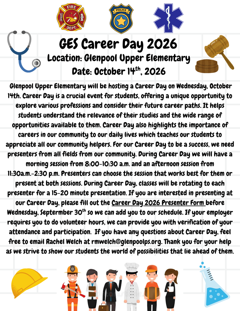 White background with a title "GES Glenpool Day 2026". Various icons including a fire truck, a star, a gavel, a stethoscope, a lab coat, and a helmet.