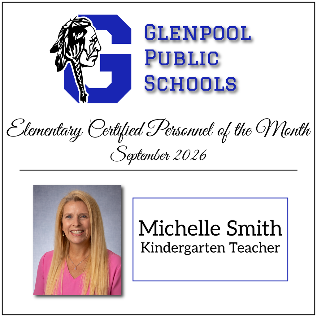 A blue and white badge displays a school logo and text. It features a photo of a woman with blonde hair.