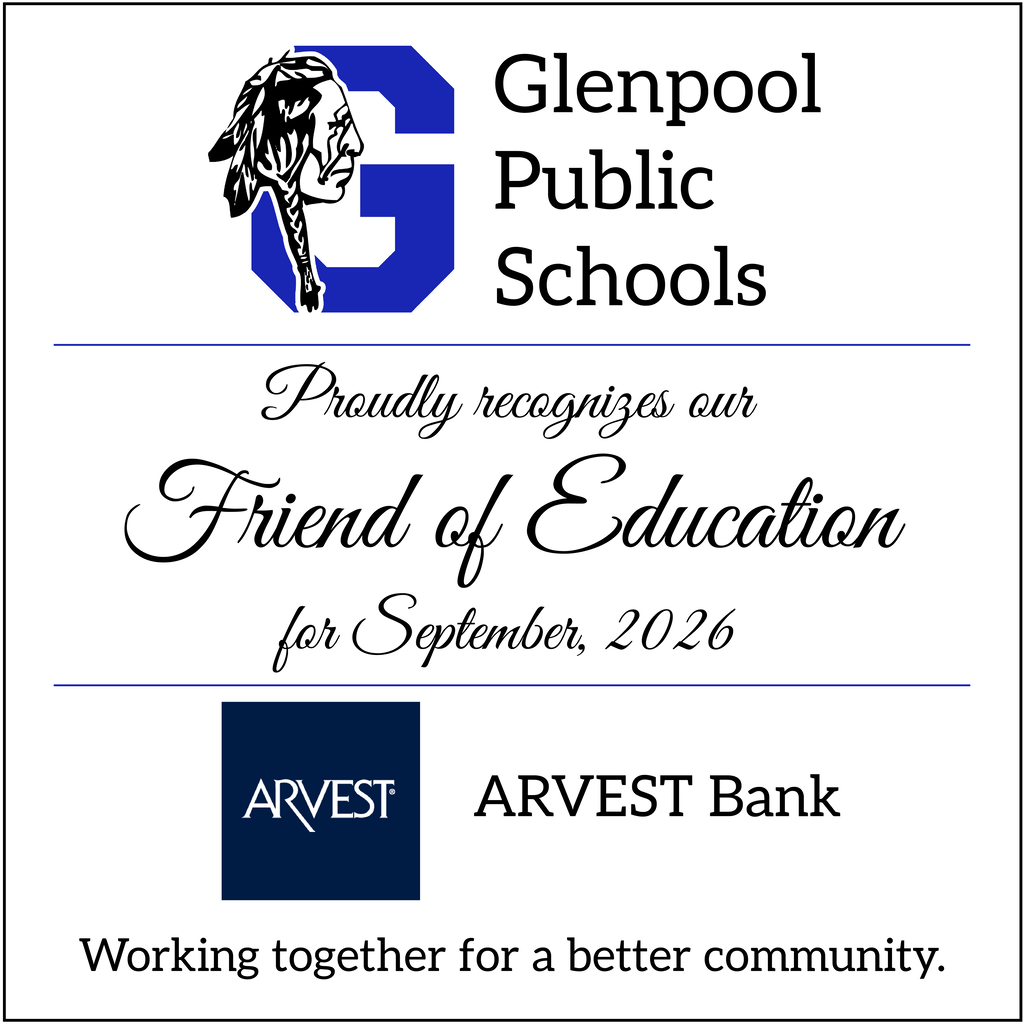 Glenpool Public Schools honors Arvest Bank as Friend of Education for September 2026. It features a stylized head, a logo, and text.