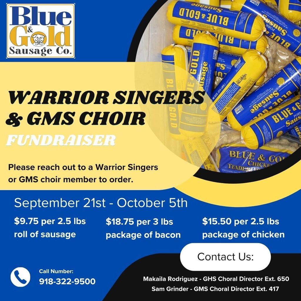 Blue and Gold Sausage Co. flyer for Warrior Singers and GMS Choir fundraiser. Sausage, bacon, and chicken options with pricing. Contact details provided.