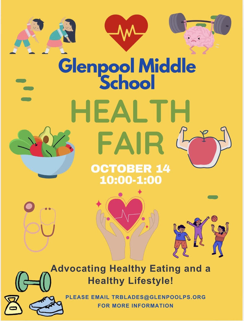 Yellow poster for Glenpool Middle School Health Fair on October 14 from 10:00 to 1:00, featuring icons of food, exercise, and health.