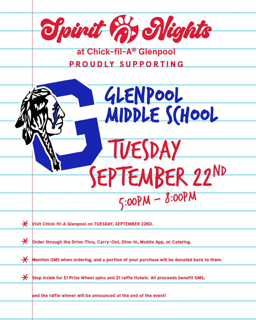 A flyer for Spirit Nights at Chick-fil-A Glenpool, supporting Glenpool Middle School. Features a logo, event details, and date.