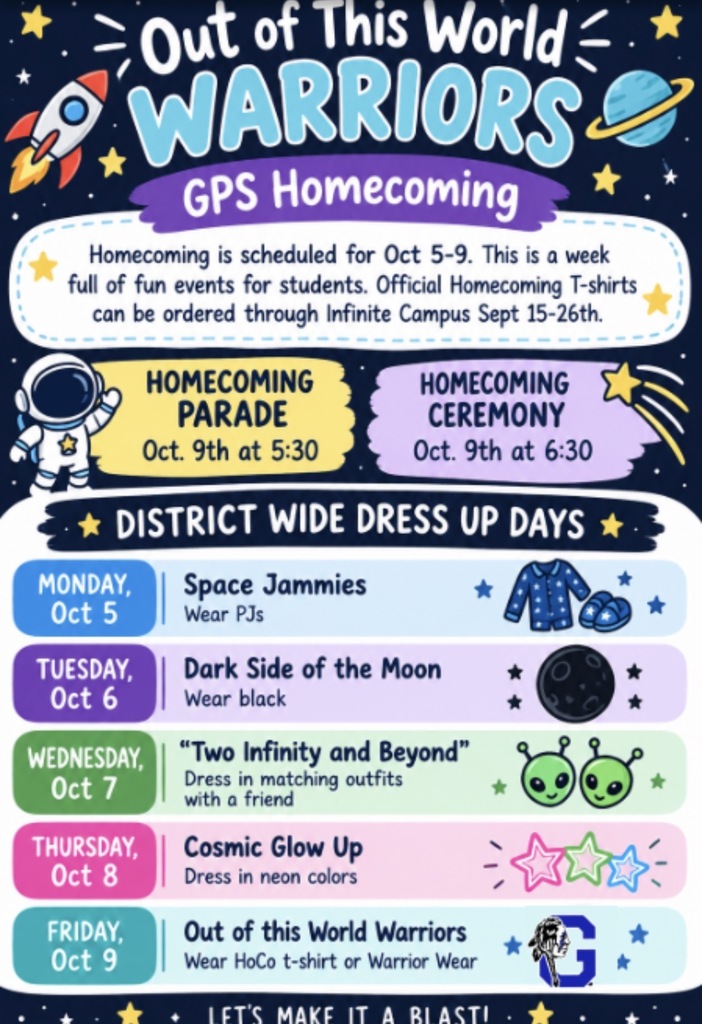 A poster lists homecoming events for GPS with dates, times, and themes. Background contains space and rocket.