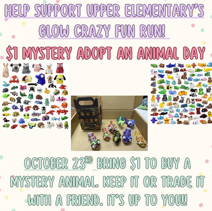 Colorful collage with various animal stickers. A brown bag with colorful toys sits in a cardboard box.