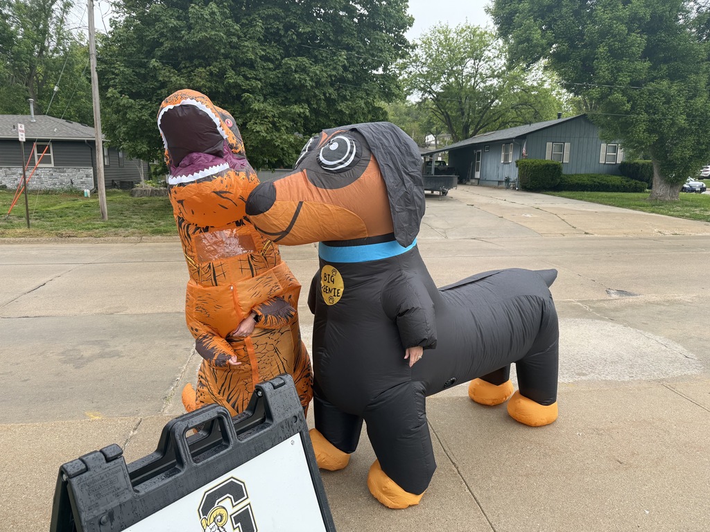 blowup dino and wiener dog costume