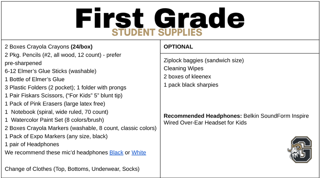 First Grade Supply List