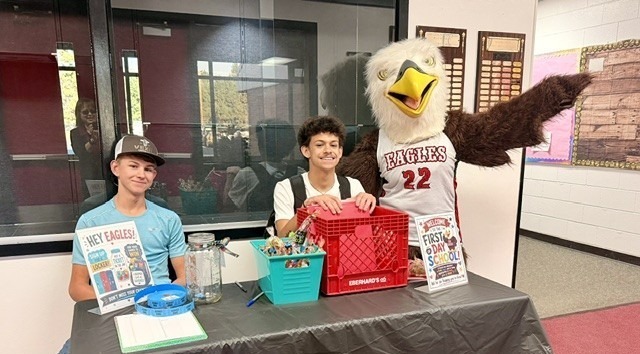Glenwood Eagle and greeters on the first day of school.